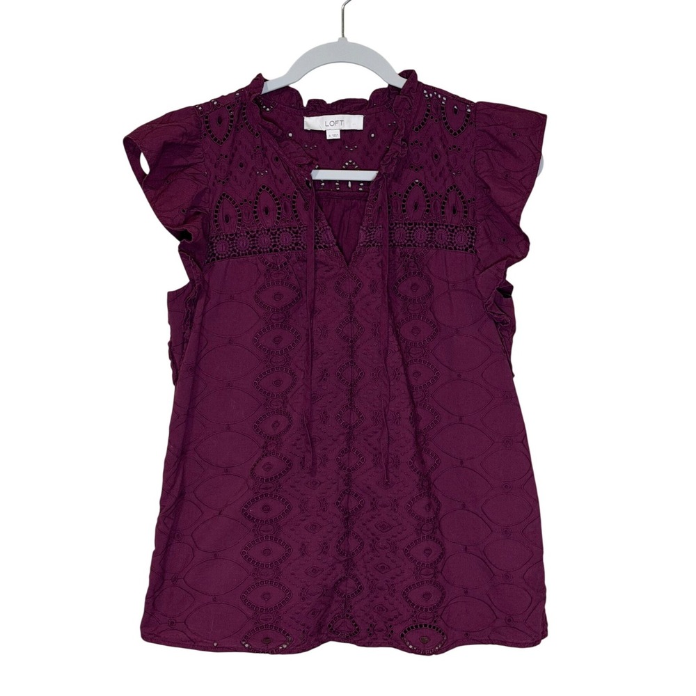 LOFT Womens Blouse Plum Small Eyelet Ruffle Boho Peasant Top Cottagecore Summer - Picture 2 of 6